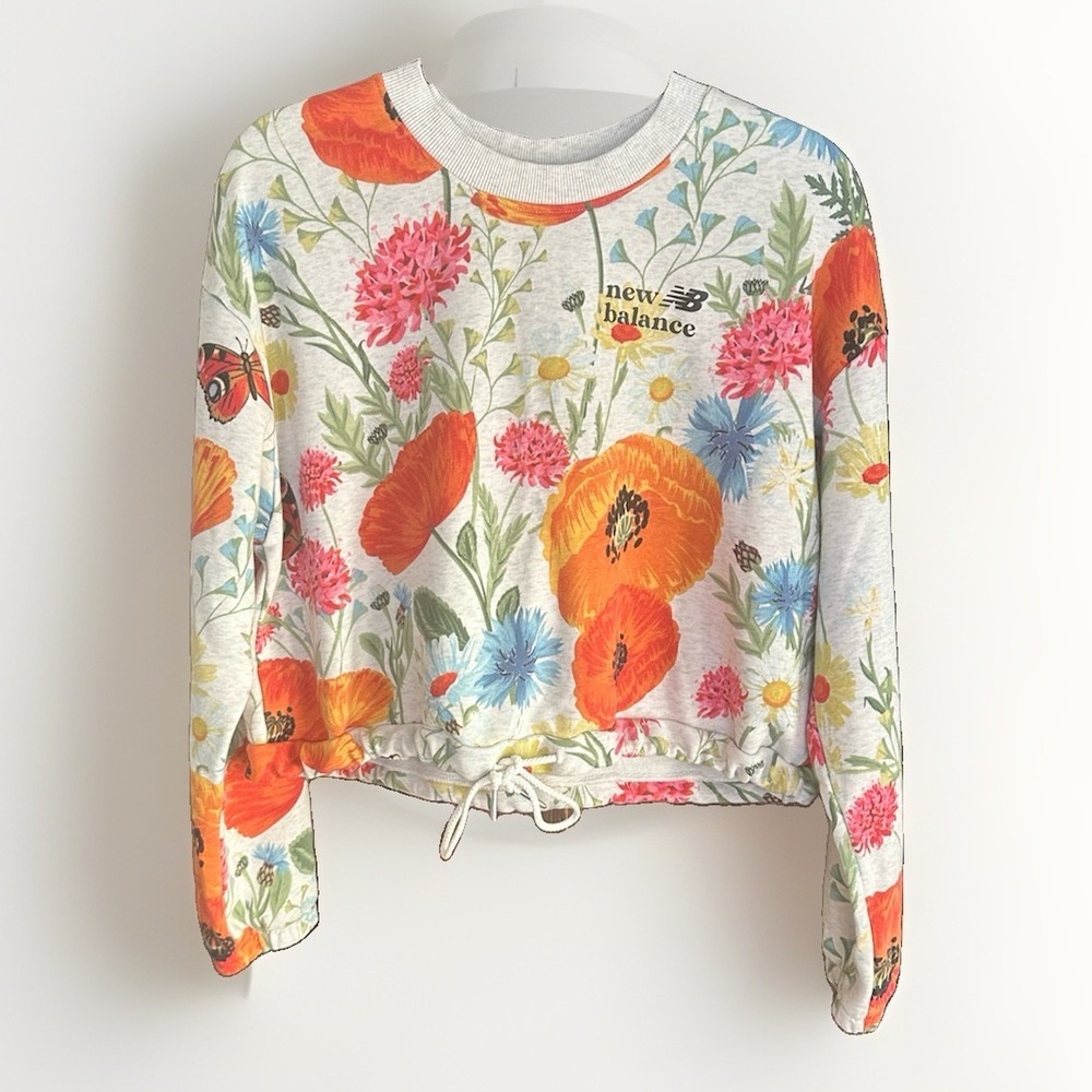 New Balance Womens Floral Cropped Sweatshirt Gray Orange Poppy Print Size M